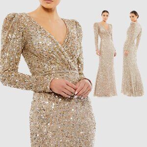 Mac Duggal 5510 Womens Size 4 Gold Sequin Beaded‎ Puff Shoulder Long Gown Dress